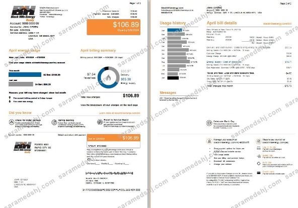 USA Nebraska Lincoln Black Hills Energy utility bill, 2 pages scr